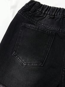 SHEIN 青少年女孩破洞毛邊緣牛仔短褲 - 黑色 - 查看 6