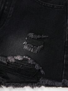 SHEIN 青少年女孩破洞毛邊緣牛仔短褲 - 黑色 - 查看 7