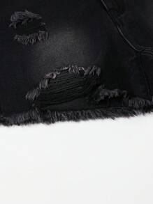 SHEIN 青少年女孩破洞毛邊緣牛仔短褲 - 黑色 - 查看 8
