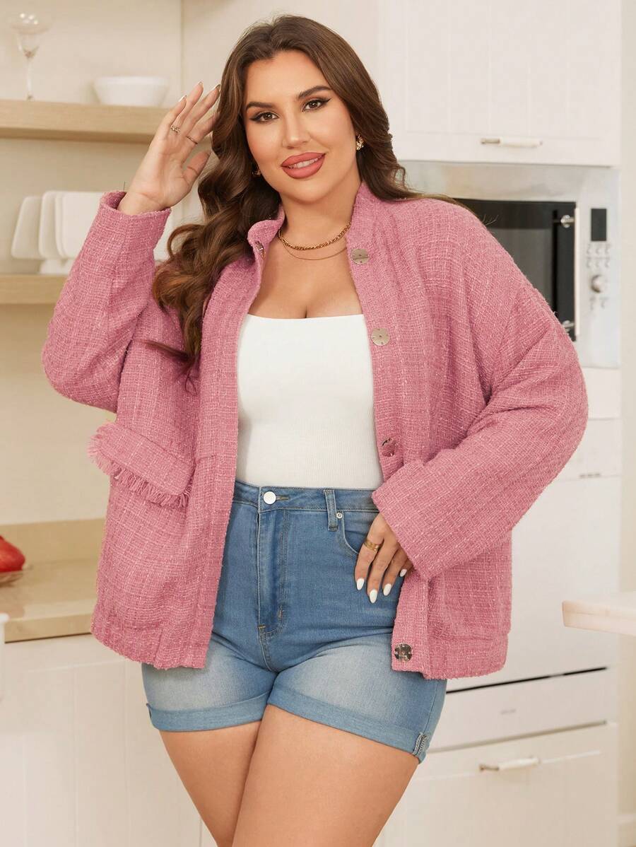 SHEIN Essnce Plus Drop Shoulder Flap Pocket Jacket - Dusty Pink - View 1