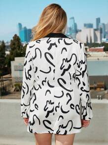 SHEIN Privé 大碼滿版印花拼接領西裝連衣裙 - 黑與白 - 查看 2