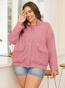 SHEIN Essnce Plus Drop Shoulder Flap Pocket Jacket - Dusty Pink - View 6