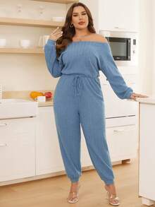 SHEIN Essnce 大碼不對稱領前打結連身褲 - 藍色 - 查看 3