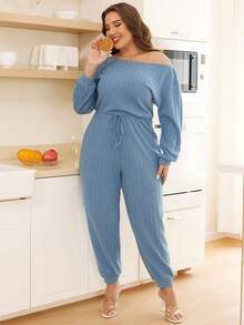 SHEIN Essnce 大碼不對稱領前打結連身褲 - 藍色 - 查看 5