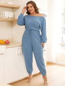 SHEIN Essnce 大碼不對稱領前打結連身褲 - 藍色 - 查看 6