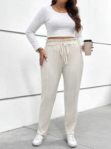 SHEIN Essnce Plus Paperbag Waist Knot Front Pants - Beige - View 5