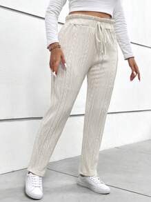 SHEIN Essnce Plus Paperbag Waist Knot Front Pants - Beige - View 6