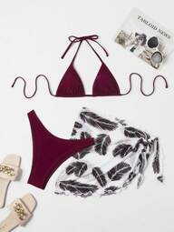 Swim Vcay Conjunto de 2 piezas de ropa de playa y bikini de verano para mujer, de color rojo vino con estampado de pluma, incluye: cobertor y conjunto de bikini, separada de traje de baño, estampado aleatorio, set de 3 piezas