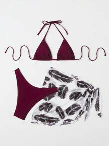 Swim Vcay 2 件女士夏季海滩度假酒红色纯色羽毛印花泳衣罩衫和比基尼套装，单独泳衣，随机印花，3 件套 - 酒紅色 - 查看 3