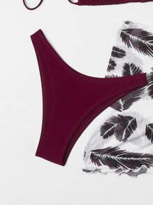 Swim Vcay 2 件女士夏季海滩度假酒红色纯色羽毛印花泳衣罩衫和比基尼套装，单独泳衣，随机印花，3 件套 - 酒紅色 - 查看 5