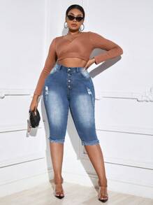 SHEIN SXY 大碼高腰破洞毛邊緣卷邊緊身牛仔褲 - 中等水洗藍 - 查看 3