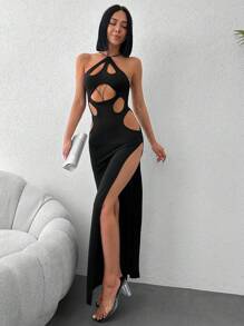 EURMUSE Cut Out Split Thigh Halter Neck Backless Dress - Black - View 1