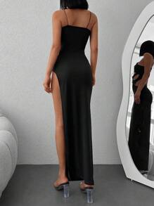 EURMUSE Cut Out Split Thigh Halter Neck Backless Dress - Black - View 2