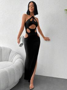 EURMUSE Cut Out Split Thigh Halter Neck Backless Dress - Black - View 4