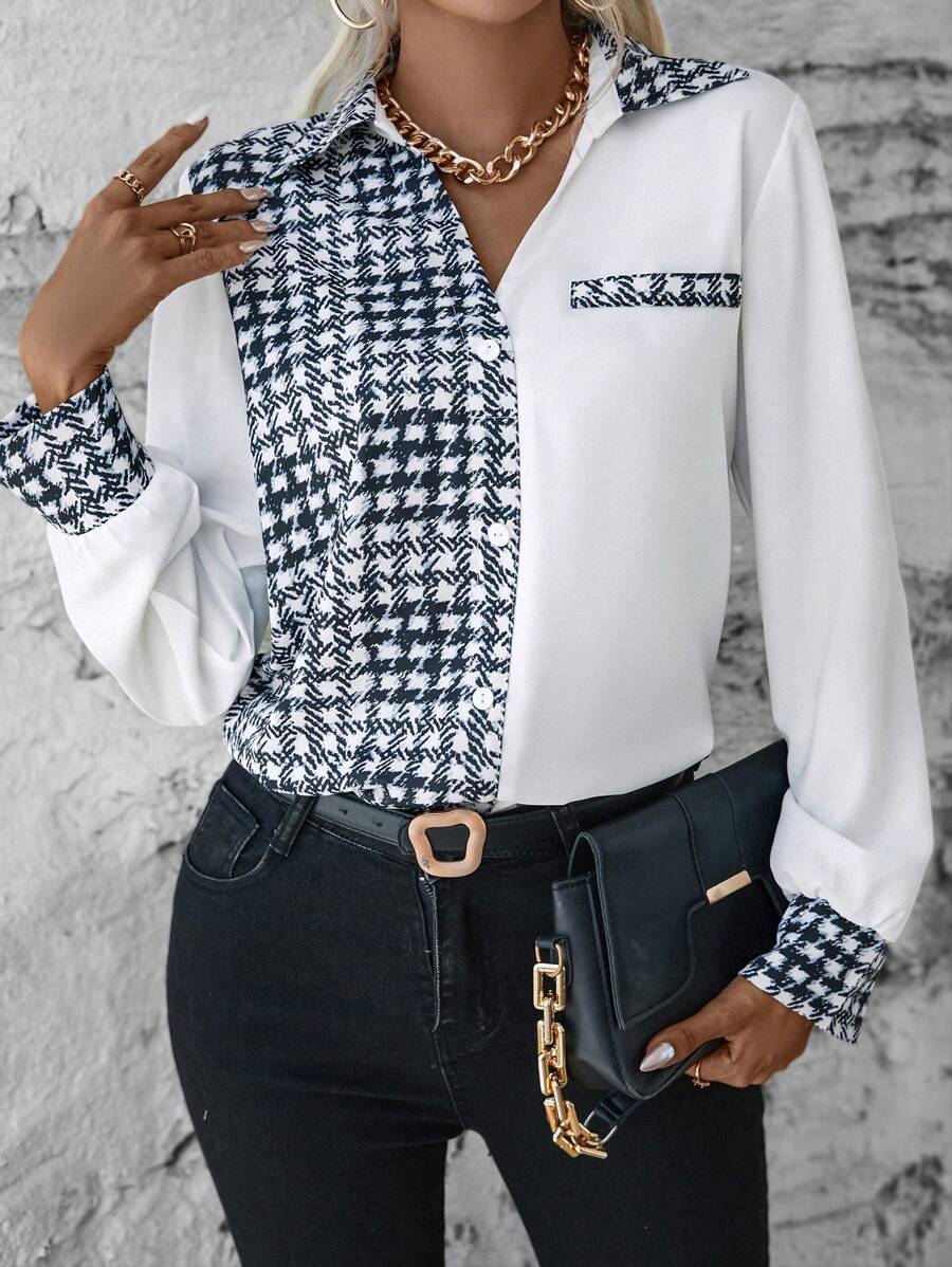 SHEIN Privé Colorblock Button Front Shirt - Black and White - View 1