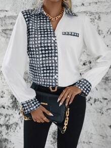 SHEIN Privé Colorblock Button Front Shirt - Black and White - View 7