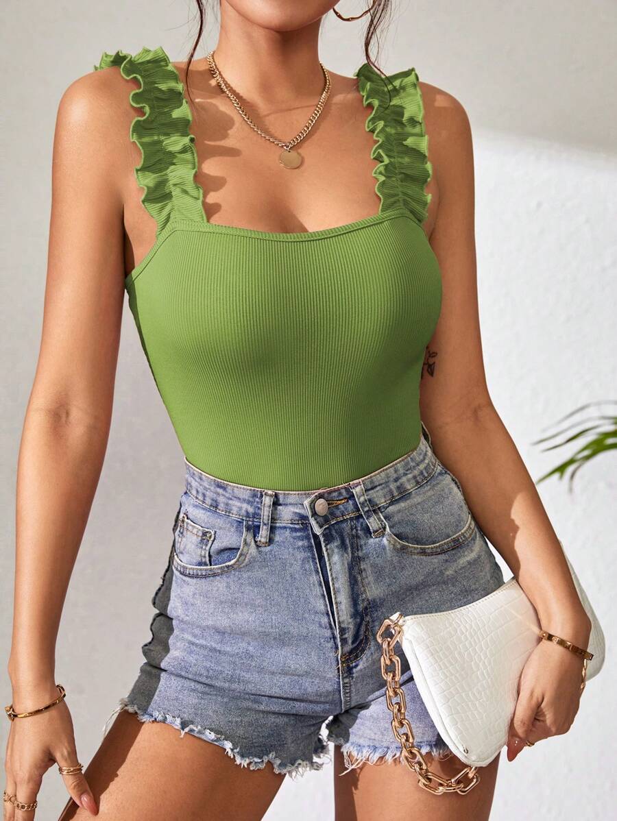 SHEIN Frenchy Body de tirantes unicolor ribete fruncido - Verde Lima - Ver 1