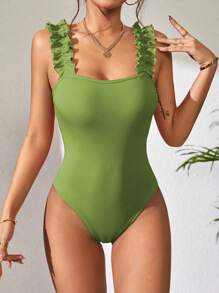 SHEIN Frenchy Body de tirantes unicolor ribete fruncido - Verde Lima - Ver 4