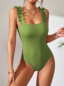 SHEIN Frenchy Body de tirantes unicolor ribete fruncido - Verde Lima - Ver 5