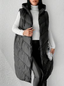 RueChic Zip Up Hooded Puffer Vest Coat - Black - View 1