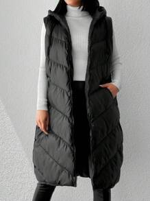 RueChic Zip Up Hooded Puffer Vest Coat - Black - View 5