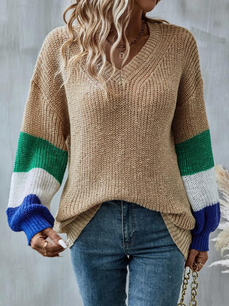 Color Block Drop Shoulder Knit Pullover Fall Winter Sweater