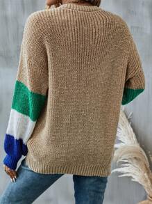 SHEIN LUNE Suéter de punto con hombros caídos y bloques de color para otoño e invierno - Caqui - Ver 3