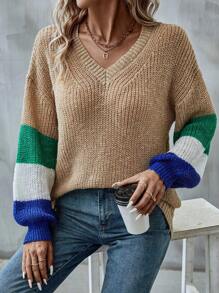 SHEIN LUNE Suéter de punto con hombros caídos y bloques de color para otoño e invierno - Caqui - Ver 4