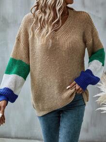 SHEIN LUNE Suéter de punto con hombros caídos y bloques de color para otoño e invierno - Caqui - Ver 5