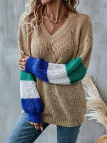 SHEIN LUNE Suéter de punto con hombros caídos y bloques de color para otoño e invierno - Caqui - Ver 6