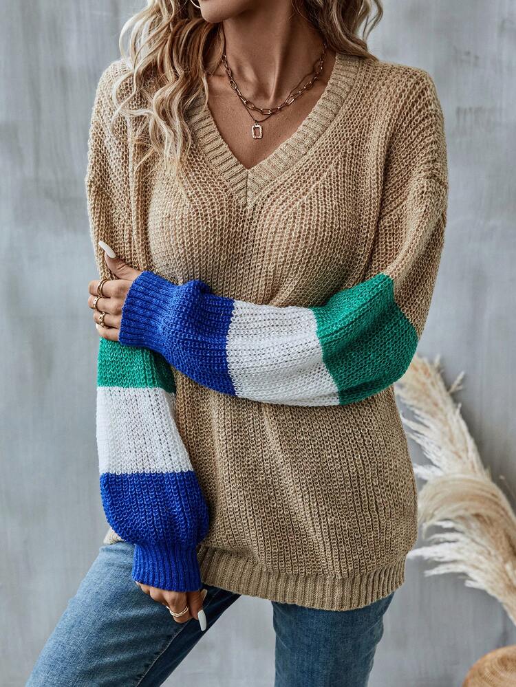 Color Block Drop Shoulder Knit Pullover Fall Winter Sweater