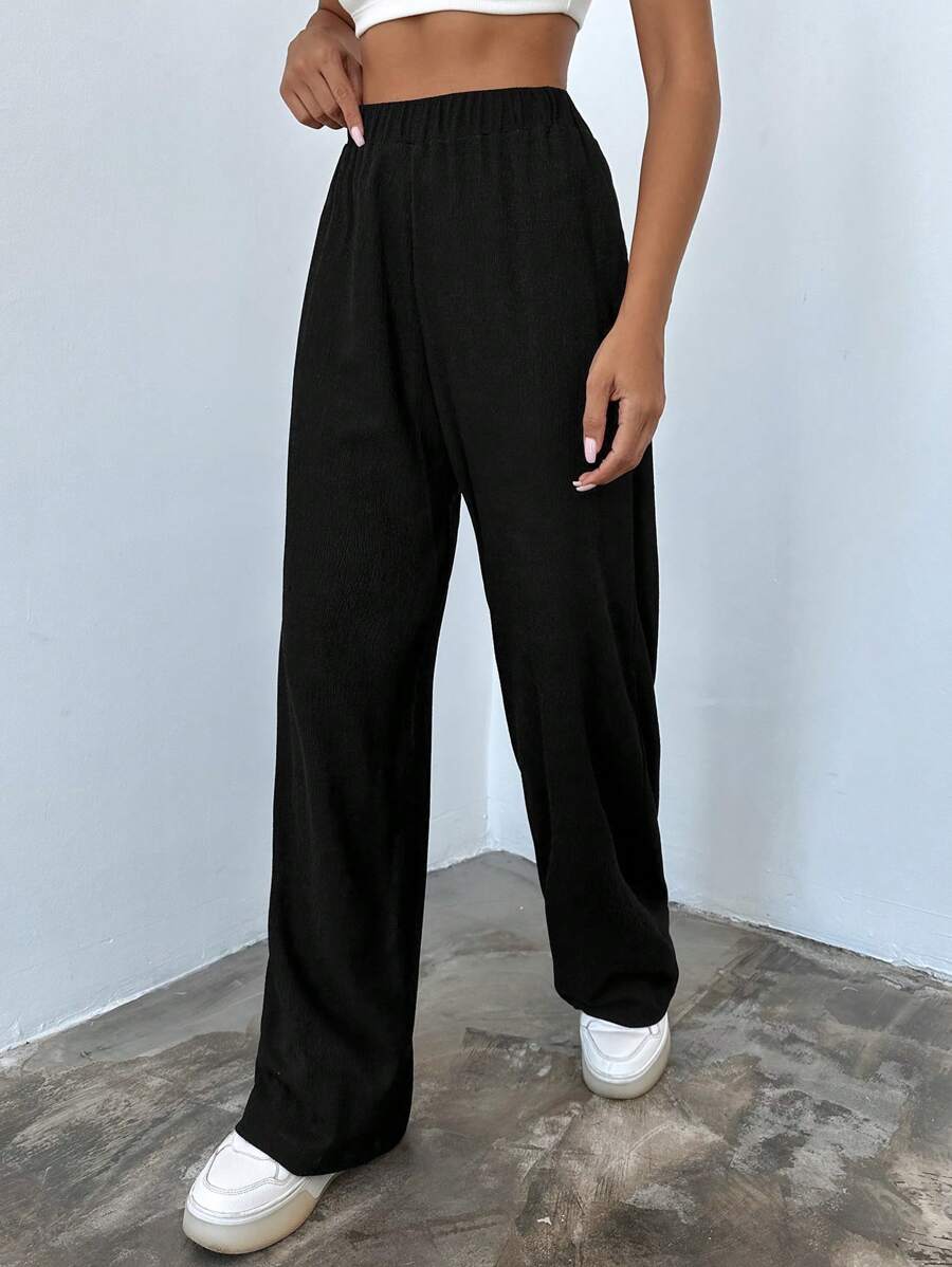 EURMUSE Solid Elastic Waist Straight Leg Pants - Black - View 1