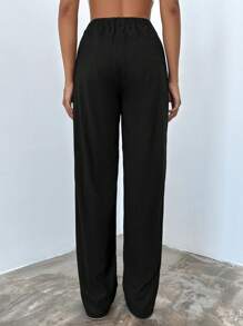 EURMUSE Solid Elastic Waist Straight Leg Pants - Black - View 2