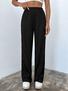 EURMUSE Solid Elastic Waist Straight Leg Pants - Black - View 3