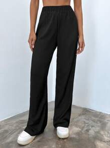 EURMUSE Solid Elastic Waist Straight Leg Pants - Black - View 4