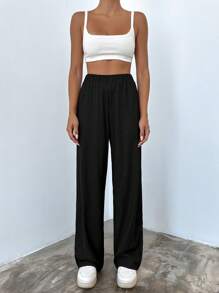 EURMUSE Solid Elastic Waist Straight Leg Pants - Black - View 5