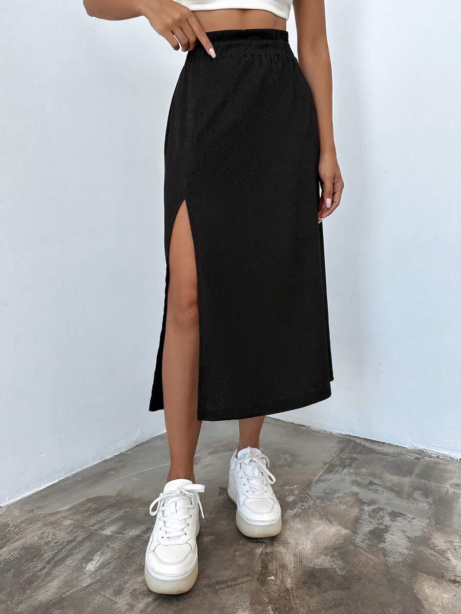 EURMUSE Solid Split Thigh Skirt - Black - View 1