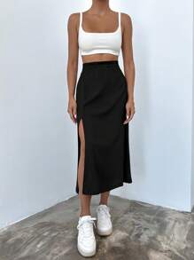 EURMUSE Solid Split Thigh Skirt - Black - View 3