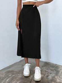 EURMUSE Solid Split Thigh Skirt - Black - View 5