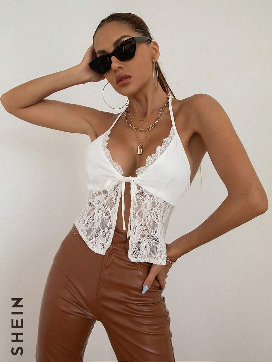 SHEIN Unity Knotted Lace Hem Halter Top - White - View 1