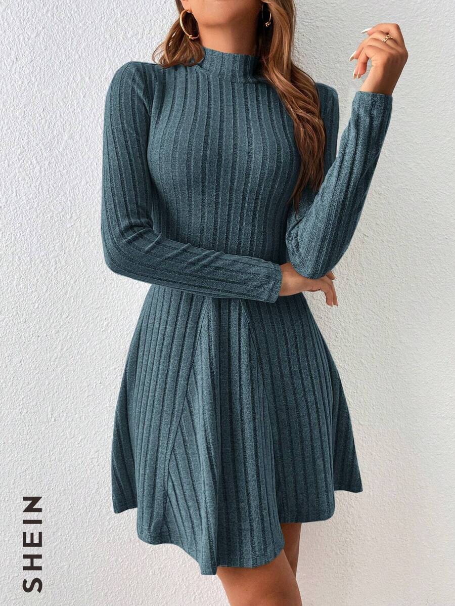 SHEIN Essnce Mock Neck Rib Knit Dress - Teal Blue - View 1