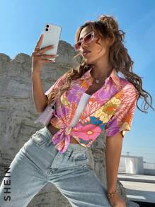 SHEIN Unity Floral Print Longline Blouse Women Shirt - Multicolor - View 6