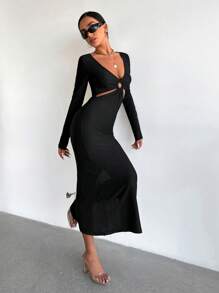 EURMUSE Plunging Neck Cut Out Front Bodycon Dress - Black - View 1