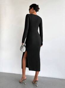 EURMUSE Plunging Neck Cut Out Front Bodycon Dress - Black - View 2