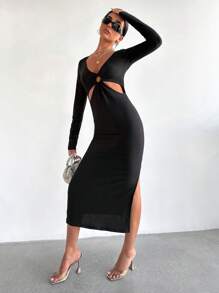 EURMUSE Plunging Neck Cut Out Front Bodycon Dress - Black - View 3