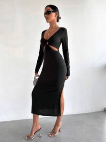 EURMUSE Plunging Neck Cut Out Front Bodycon Dress - Black - View 4