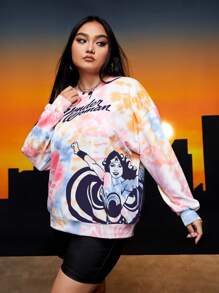 WONDER WOMAN X SHEIN Plus Tie Dye Letter & Figure Graphic Drop Shoulder Sweatshirt - Multicolor - View 1