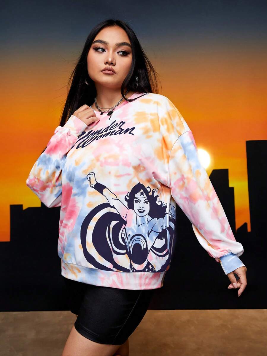 WONDER WOMAN X SHEIN Plus Tie Dye Letter & Figure Graphic Drop Shoulder Sweatshirt - Multicolor - View 1