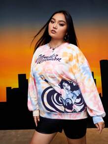WONDER WOMAN X SHEIN Plus Tie Dye Letter & Figure Graphic Drop Shoulder Sweatshirt - Multicolor - View 4