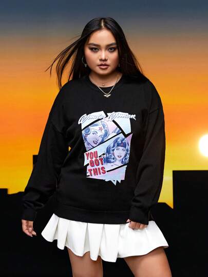 WONDER WOMAN X SHEIN Plus Letter & Figure Pattern Drop Shoulder Sweater